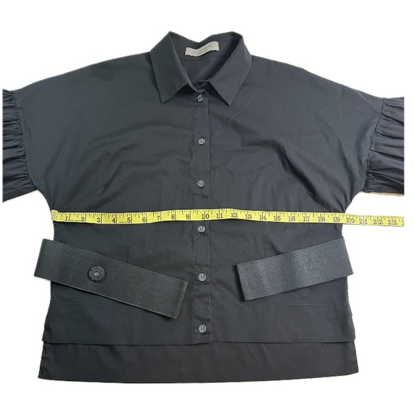 D. Exterior Made in Italy Black Ruffle Belted Poplin Top, Size Small - Picture 11 of 13